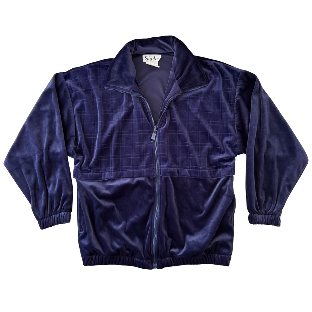 Vintage Slade Velour Track Jacket Petite M Blue Velvet Y2K Athleisure Zip Up‎